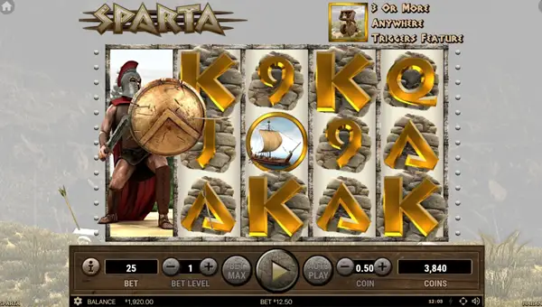 Sparta base game screenshot showing reels and features