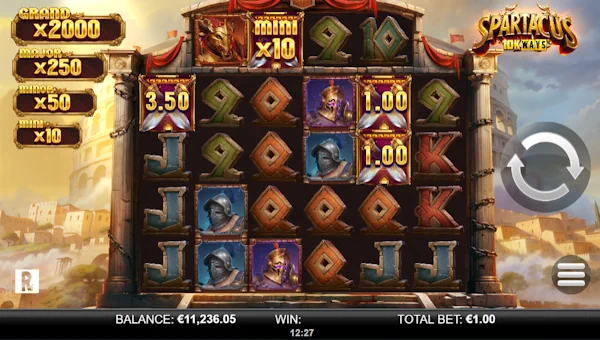 Spartacus 10K Ways base game screenshot showing reels and features