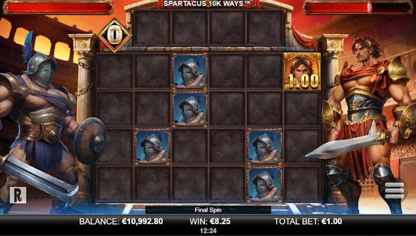 Screenshot of Spartacus 10K Ways slot demo showing reels and bonus game features