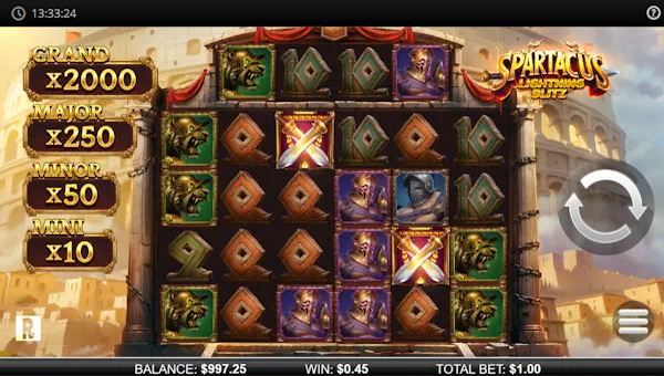 Spartacus Lightning Blitz base game screenshot showing reels and features