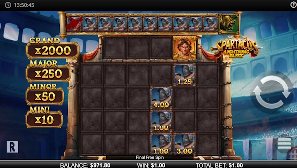 Screenshot of Spartacus Lightning Blitz slot demo showing reels and bonus game features