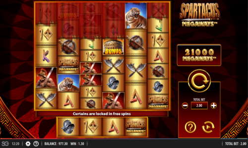Spartacus Megaways base game screenshot showing reels and features