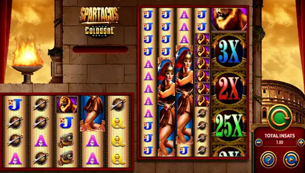 Spartacus Super Colossal Reels base game screenshot showing reels and features