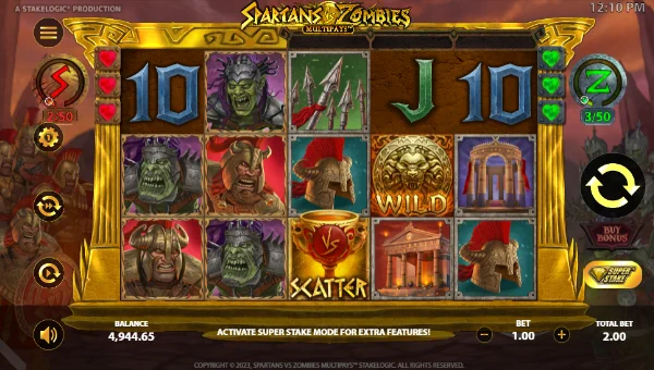 Spartans vs Zombies Multipays base game screenshot showing reels and features