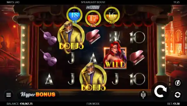 Speakeasy Boost base game screenshot showing reels and features
