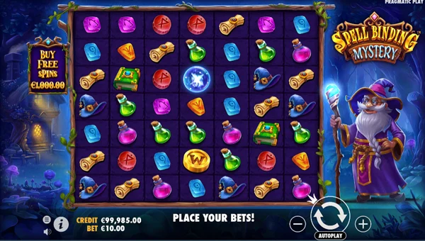 Spellbinding Mystery base game screenshot showing reels and features