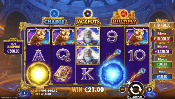 Spellmaster base game screenshot showing reels and features