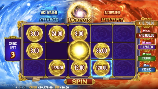 Screenshot of Spellmaster slot demo showing reels and bonus game features