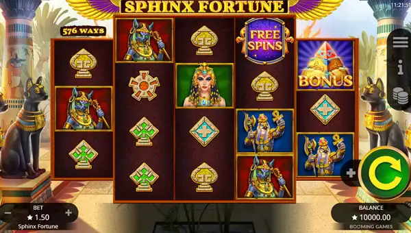 Sphinx Fortune base game screenshot showing reels and features