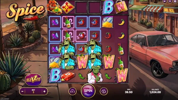 Spice base game screenshot showing reels and features