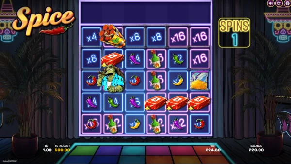 Screenshot of Spice slot demo showing reels and bonus game features