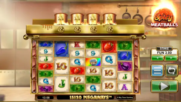 Spicy Meatballs Megaways base game screenshot showing reels and features