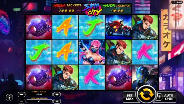 Spin City base game screenshot showing reels and features