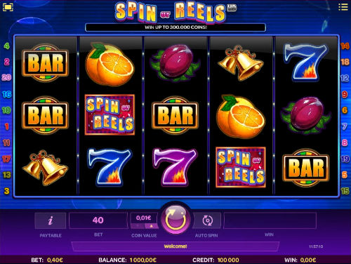 Spin or Reels base game screenshot showing reels and features