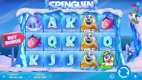 Spinguin base game screenshot showing reels and features