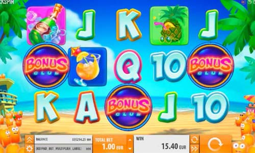 Spinions Beach Party base game screenshot showing reels and features
