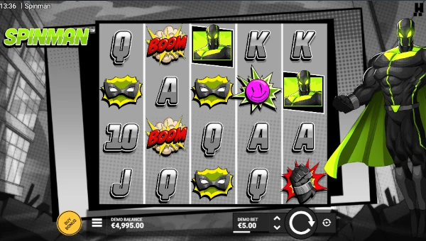 Spinman base game screenshot showing reels and features