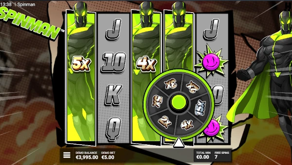 Screenshot of Spinman slot demo showing reels and bonus game features