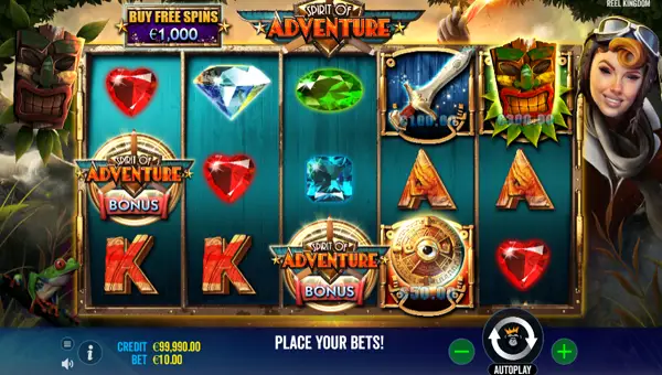 Spirit of Adventure base game screenshot showing reels and features