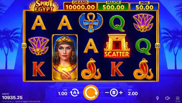 Spirit of Egypt Hold and Win base game screenshot showing reels and features