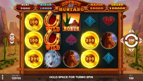 Spirit of Mustang base game screenshot showing reels and features