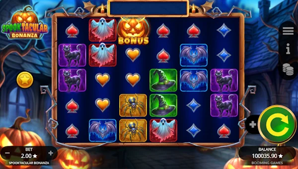 Spooktacular Bonanza base game screenshot showing reels and features