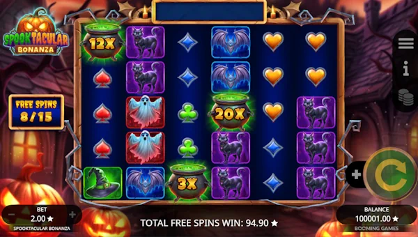 Screenshot of Spooktacular Bonanza slot demo showing reels and bonus game features