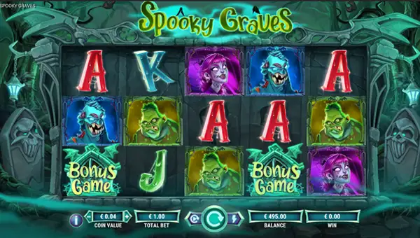 Spooky Graves base game screenshot showing reels and features