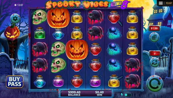 Spooky Vibes Accumul8 base game screenshot showing reels and features