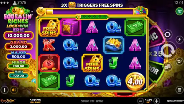 Squealin Riches base game screenshot showing reels and features