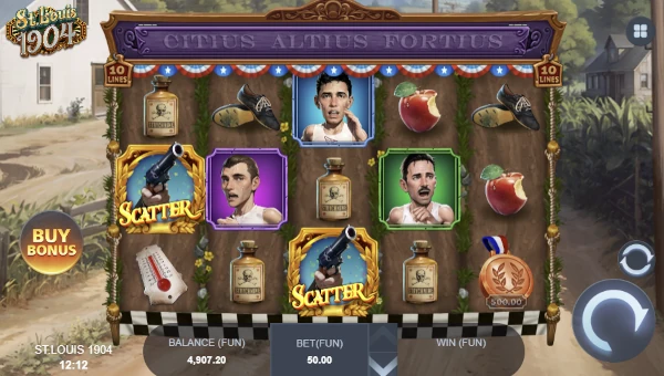 St Louis 1904 base game screenshot showing reels and features