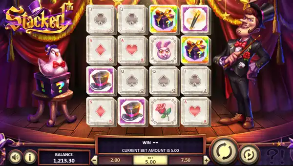 Stacked base game screenshot showing reels and features