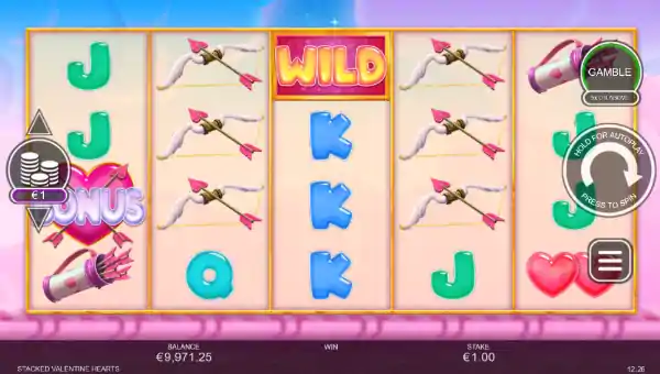 Stacked Valentine Hearts base game screenshot showing reels and features