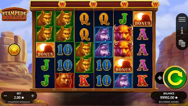 Stampede Bonanza base game screenshot showing reels and features