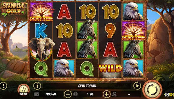 Stampede Gold base game screenshot showing reels and features