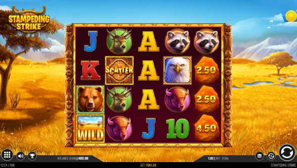 Stampeding Strike base game screenshot showing reels and features