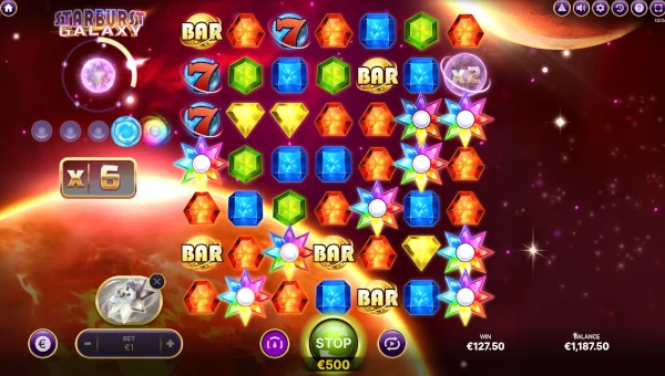 Screenshot of Starburst Galaxy slot demo showing reels and bonus game features