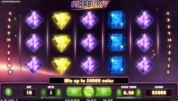 Starburst slot base game with colorful gems and cosmic theme