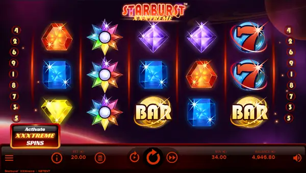 Starburst XXXtreme base game screenshot showing reels and features
