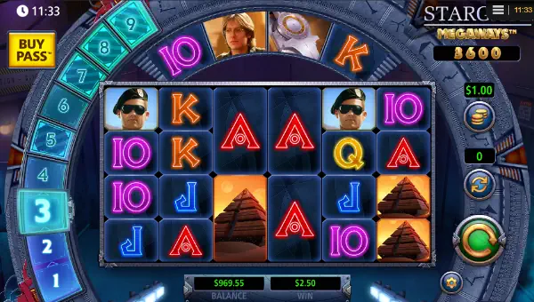 Stargate Megaways base game screenshot showing reels and features