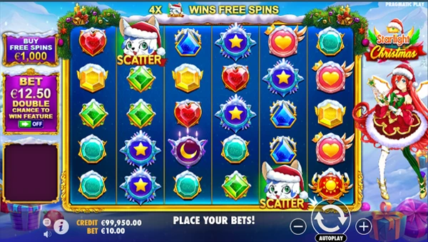 Starlight Christmas base game screenshot showing reels and features