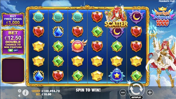 Starlight Princess 1000 base game screenshot showing reels and features