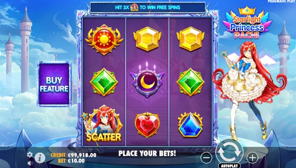 Starlight Princess Pachi base game screenshot showing reels and features