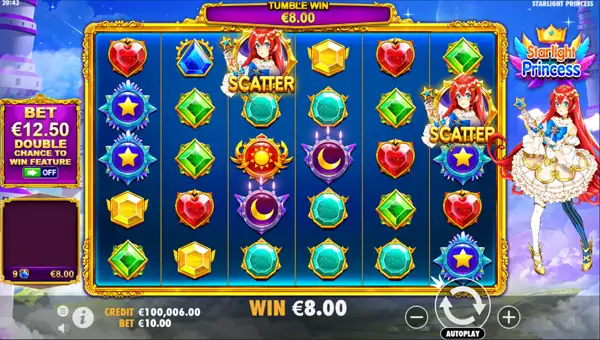 Starlight Princess base game screenshot showing reels and features