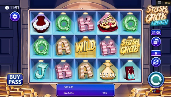 Stash and Grab Frenzy base game screenshot showing reels and features