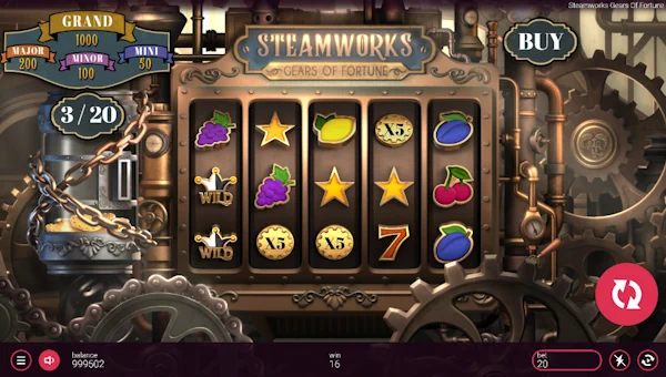 Steamworks Gears of Fortune base game screenshot showing reels and features