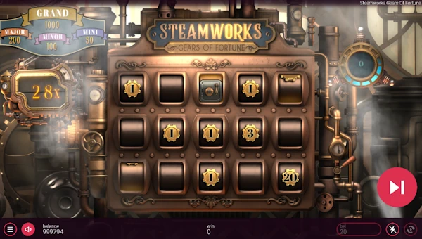 Screenshot of Steamworks Gears of Fortune slot demo showing reels and bonus game features