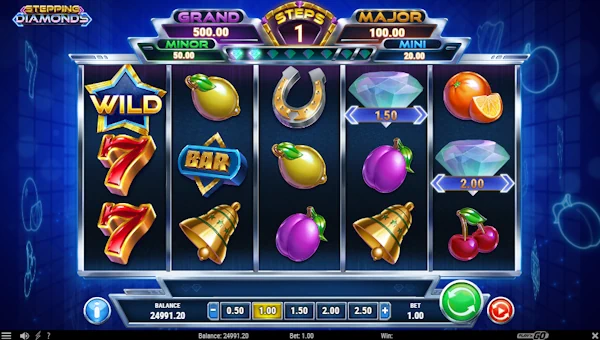 Stepping Diamonds base game screenshot showing reels and features