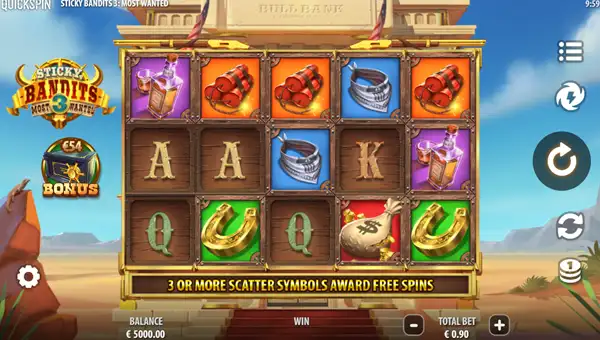 Sticky Bandits 3 Most Wanted base game screenshot showing reels and features