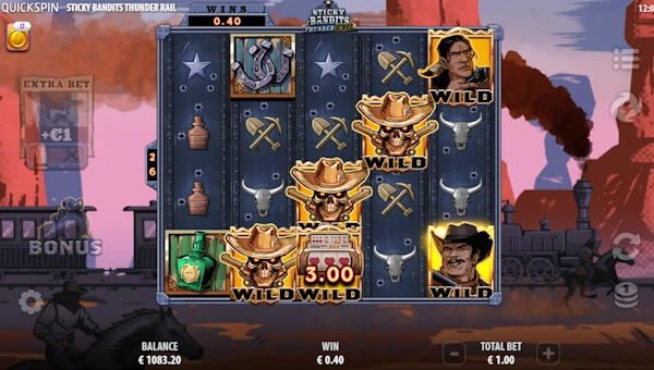 Sticky Bandits Thunder Rail base game screenshot showing reels and features